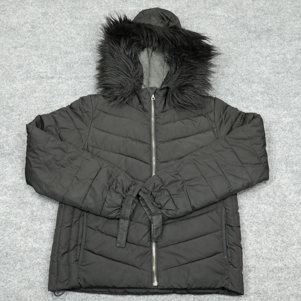 Gap Puffer Jacket Women XS Black Faux Fur Hood Primaloft Winter Warmth Quilted